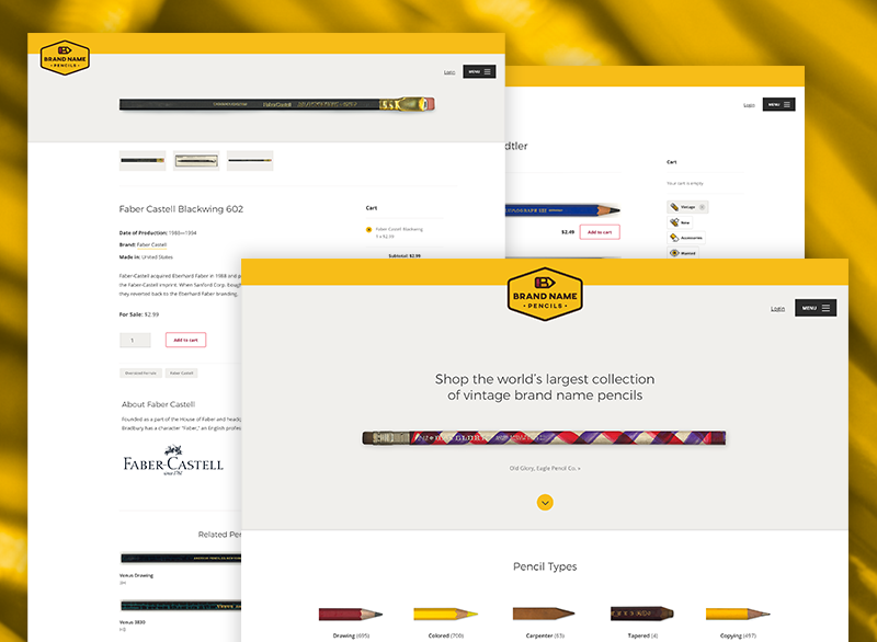 Brand Name Pencils home page and secondary pages