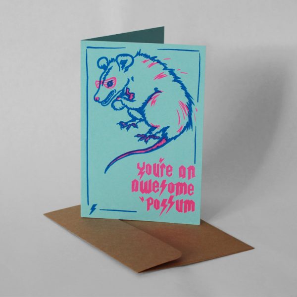 4"x6" greeting card with 'possum illustration