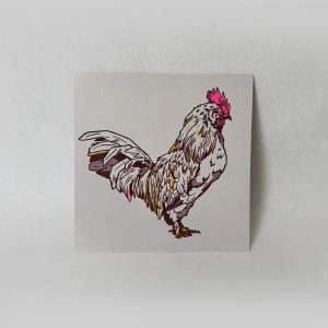 Risograph print of a d'Uccle rooster in Burgundy, Yellow, and Flo Pink inks